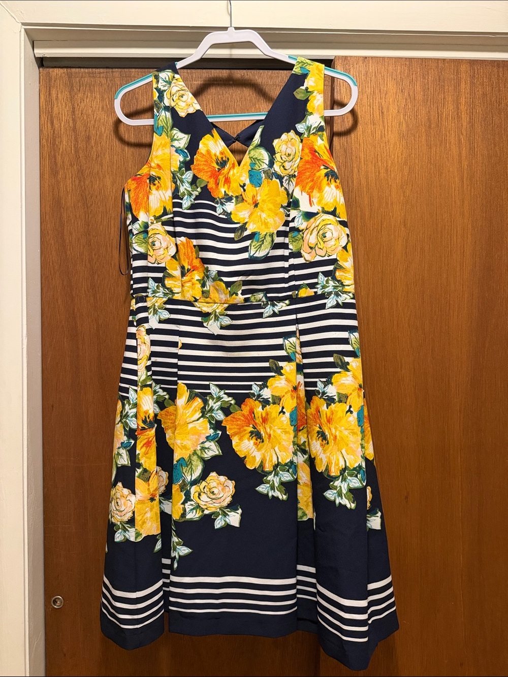Women Navy Floral Stripe Dress with Yellow Bloom